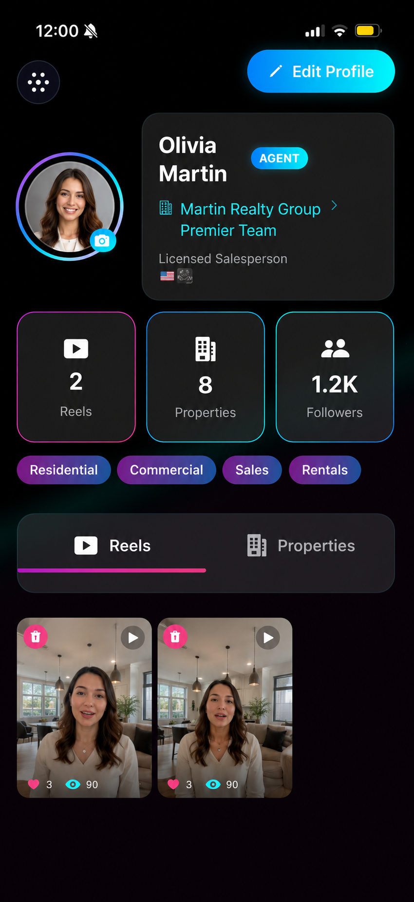 Agent profile with reels and properties