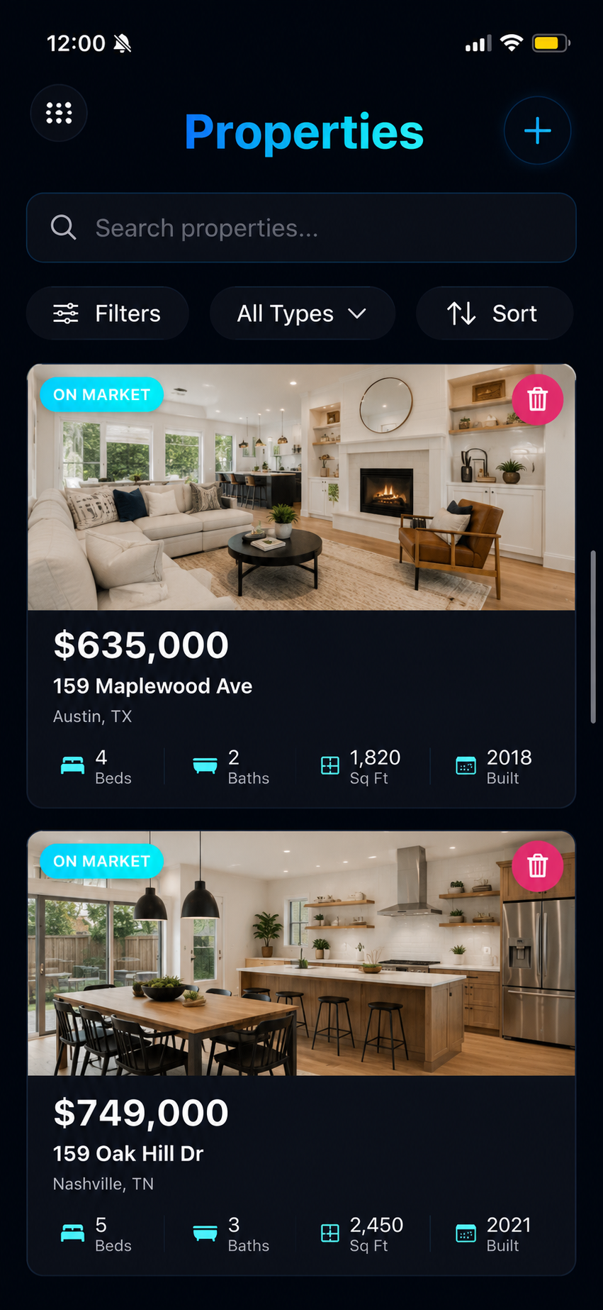 Properties list with filters
