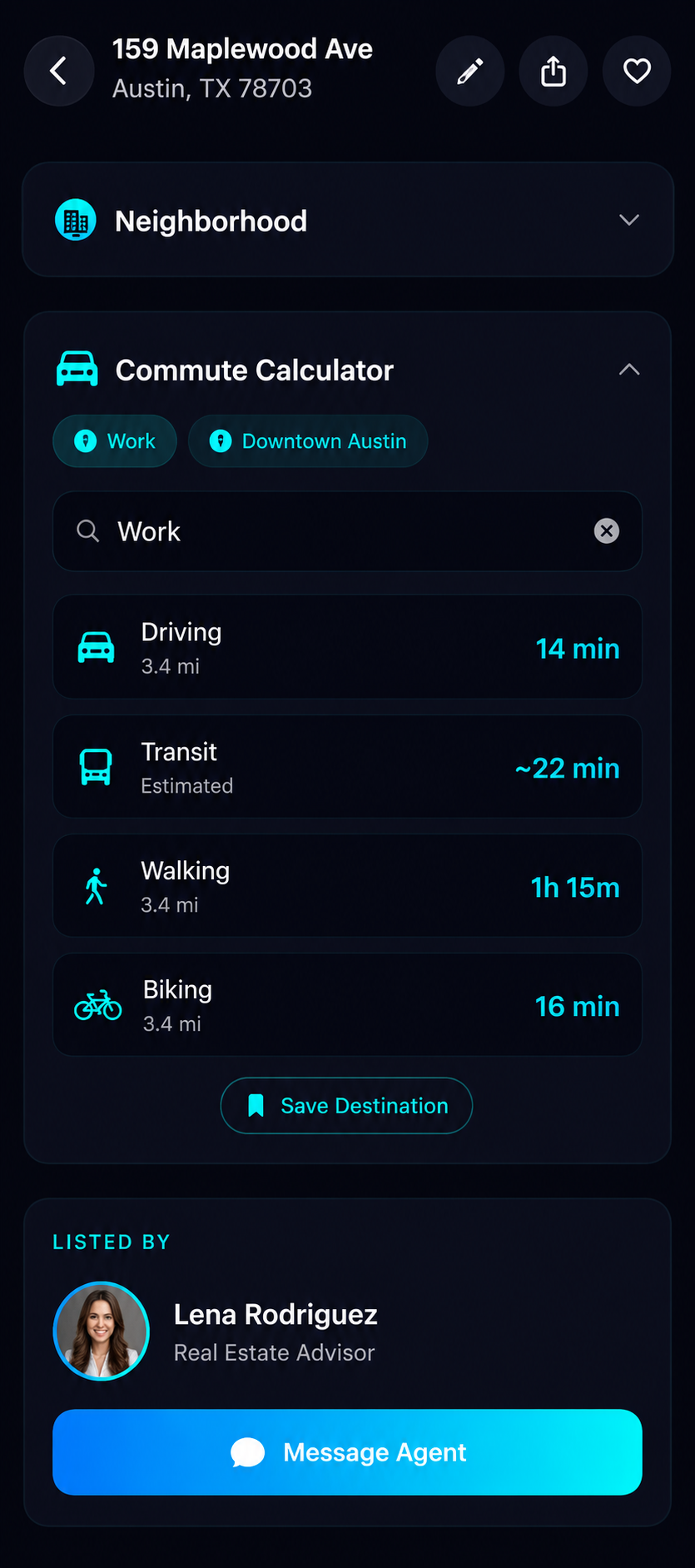 Property detail with commute calculator