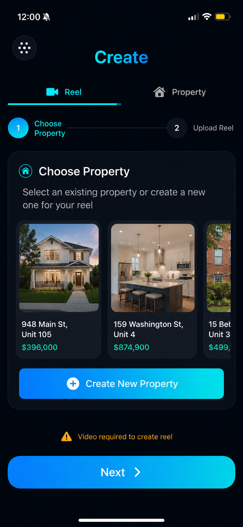 Create reel — choose property