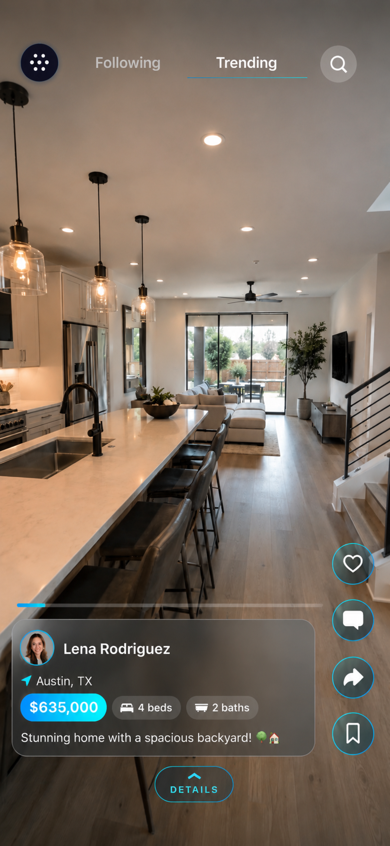 ReelEstate reel — an agent showcasing a $635,000 home in Austin, TX